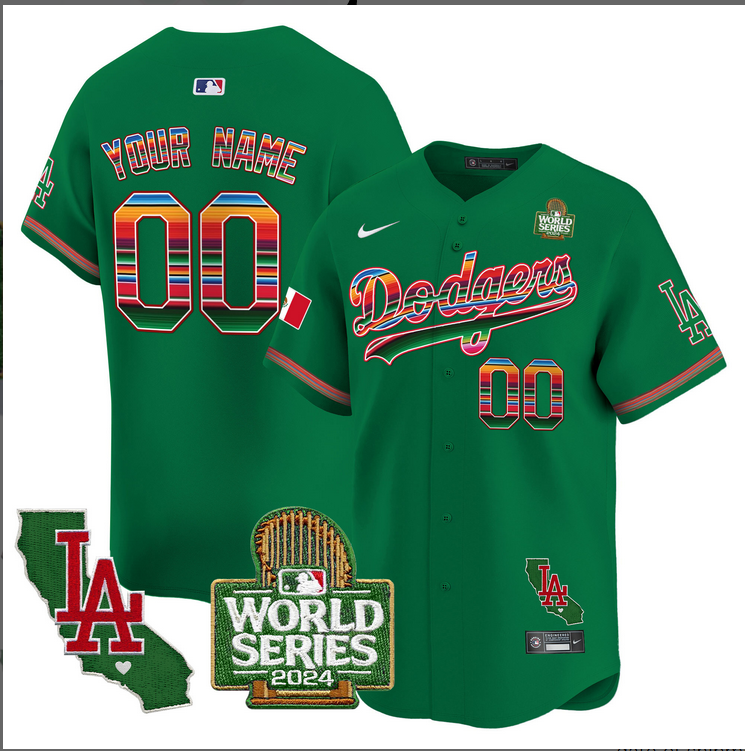 Men Custom MLB Mexico Los Angeles Dodgers green 2024 World Series Champions Patch Jersey 20241105